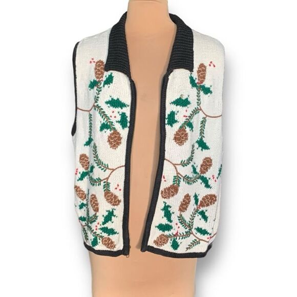 Vintage Bechamel Printed Knit Sweater Vest Winter Pine Cone Knit Sweater Zip Up - Picture 4 of 11
